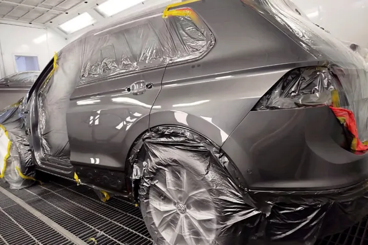 Rear quarter respray in the booth at NG Crash Repairs, Finglas